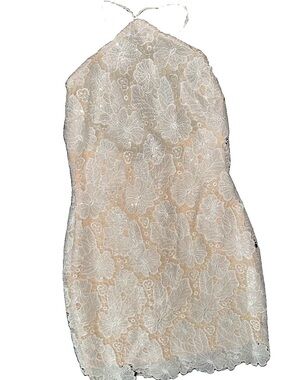 Fashion Nova White Floral Lace Halter Mini Dress over Nude Lining